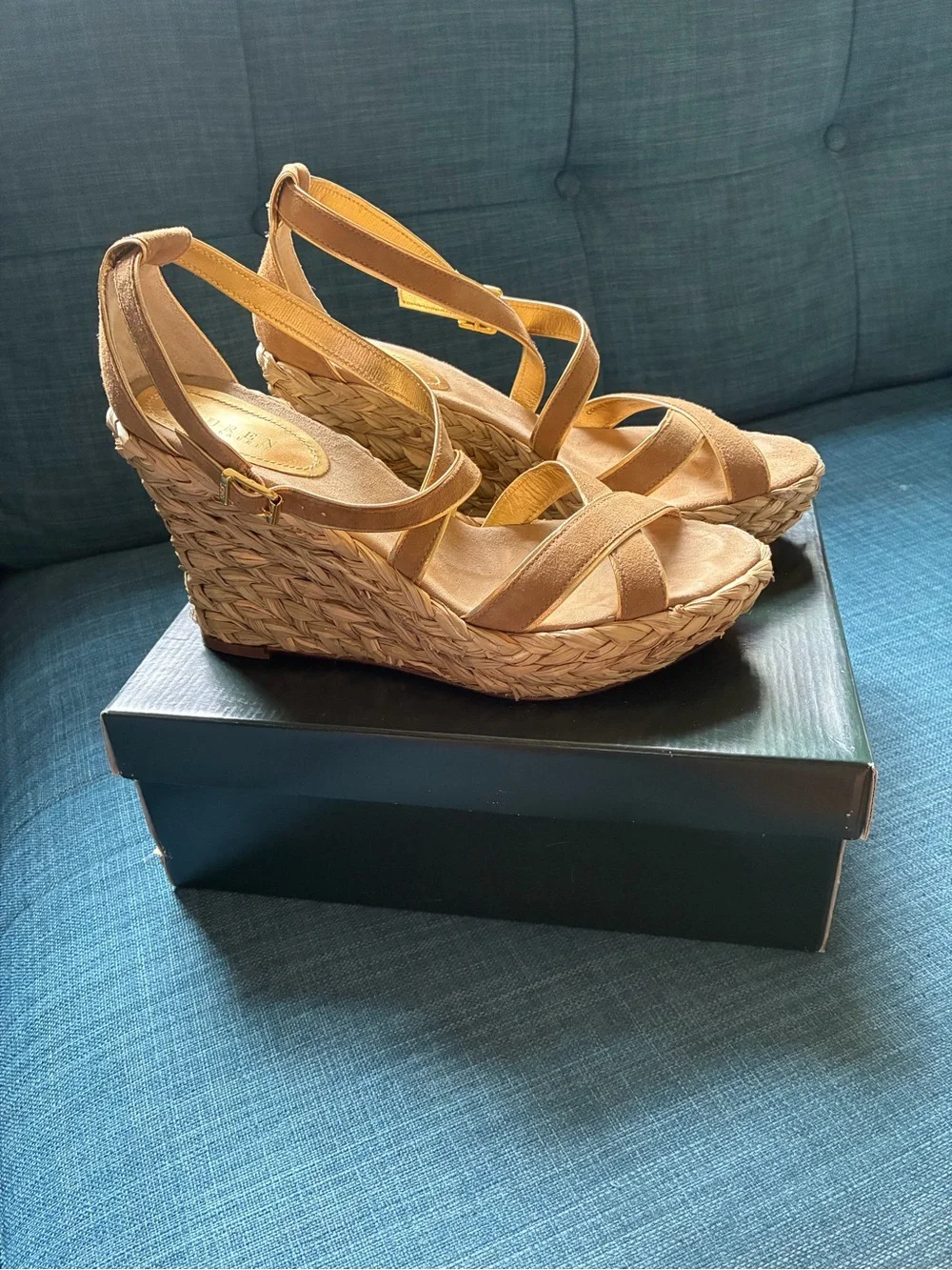 Ralph Lauren Tan Suede Espadrille Wedge Sandals
